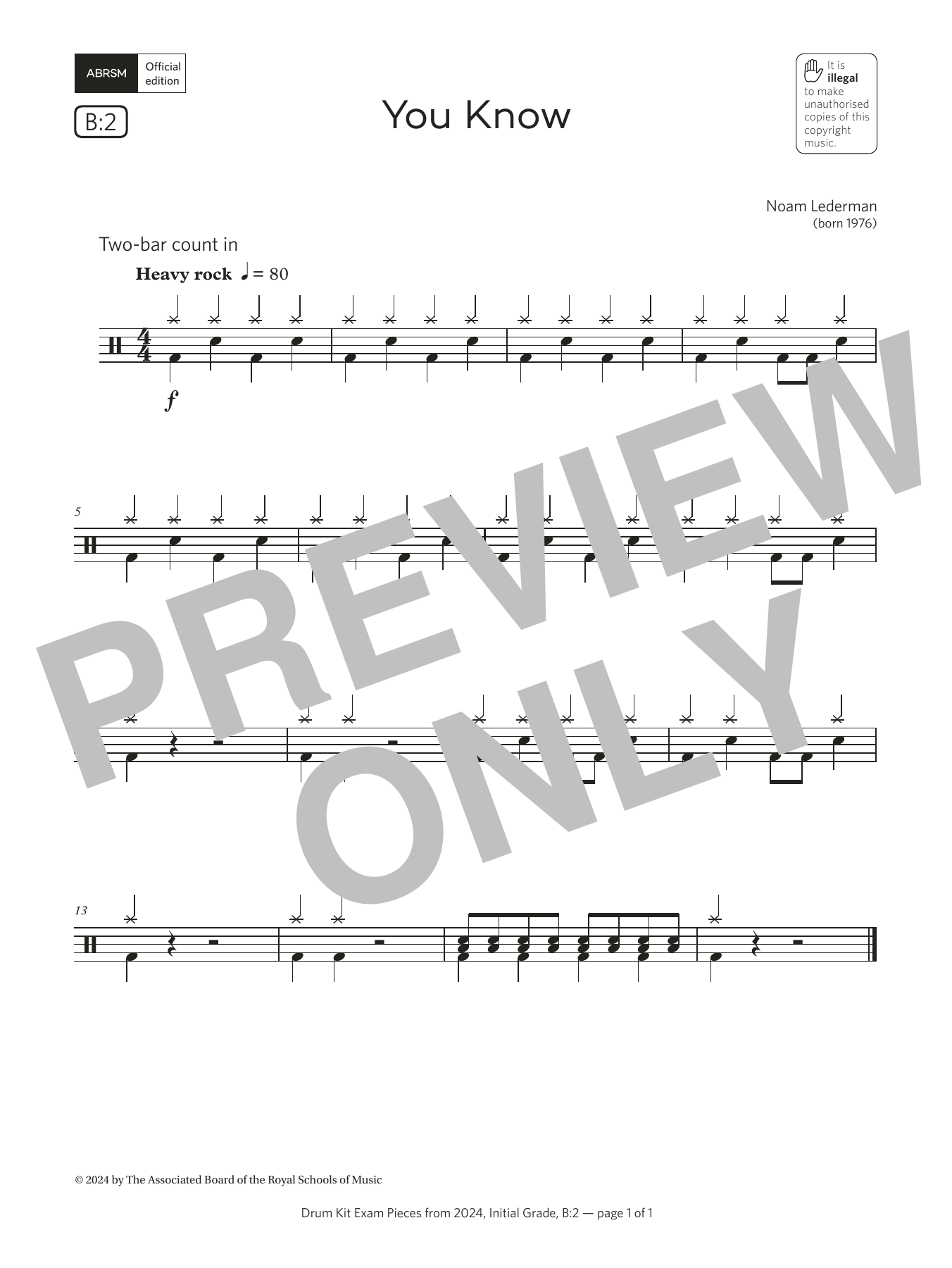 Download Noam Lederman You Know (Grade Initial, list B2, from the ABRSM Drum Kit Syllabus 2024) Sheet Music and learn how to play Drums PDF digital score in minutes