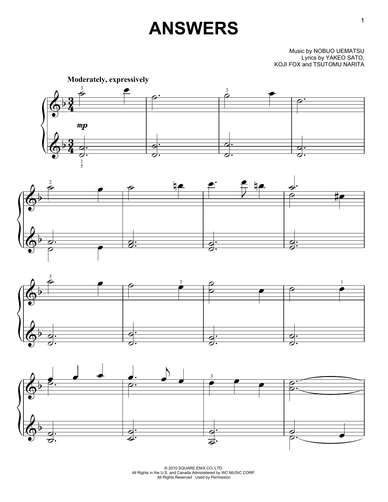 Download Nobuo Uematsu Answers (from Final Fantasy XIV) Sheet Music and learn how to play Easy Piano PDF digital score in minutes