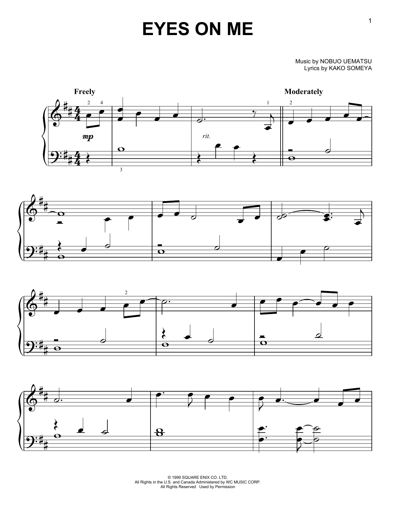 Download Nobuo Uematsu Eyes On Me (from Final Fantasy VIII) Sheet Music and learn how to play Easy Piano PDF digital score in minutes