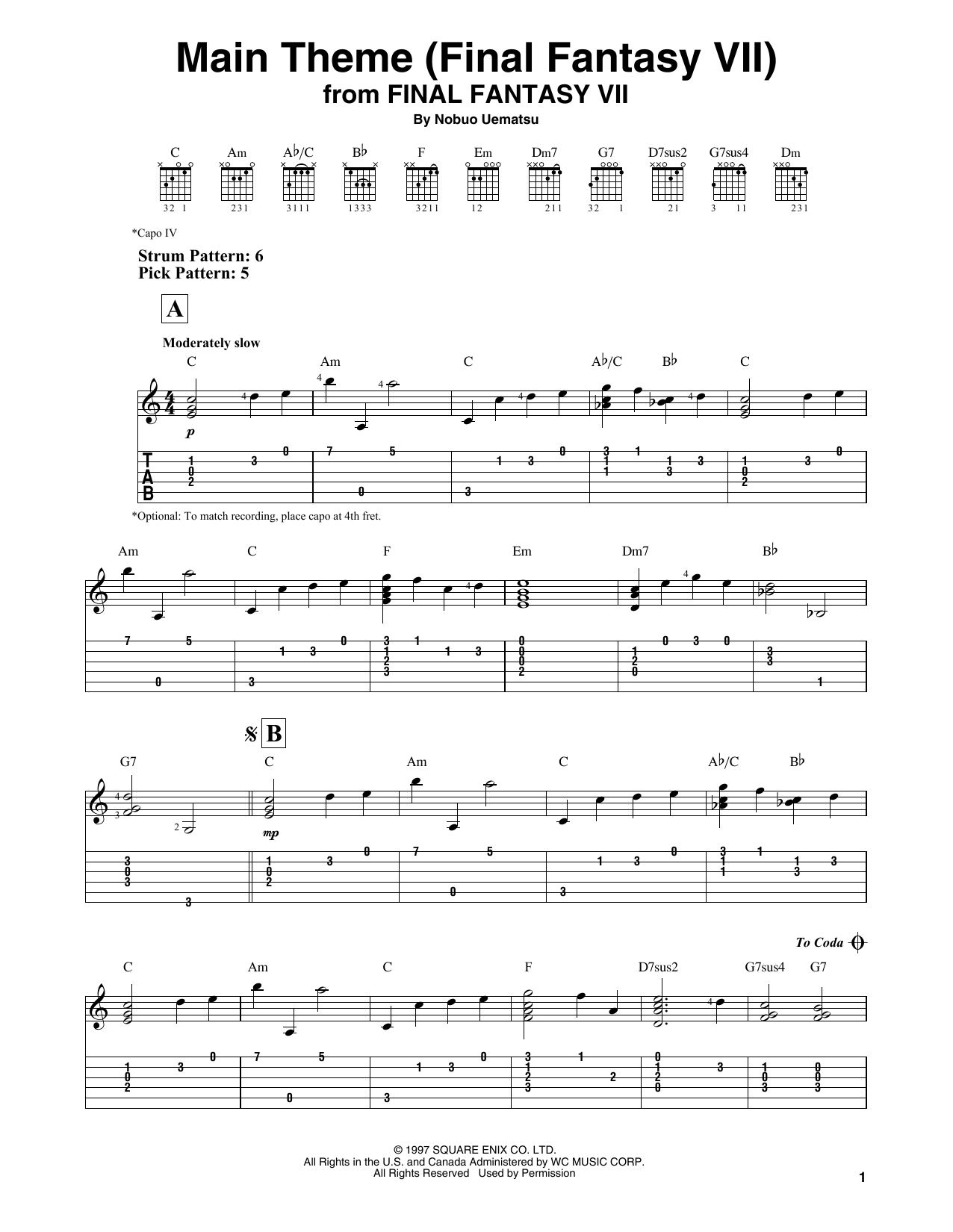 Download Nobuo Uematsu Main Theme (Final Fantasy VII) Sheet Music and learn how to play Easy Guitar Tab PDF digital score in minutes