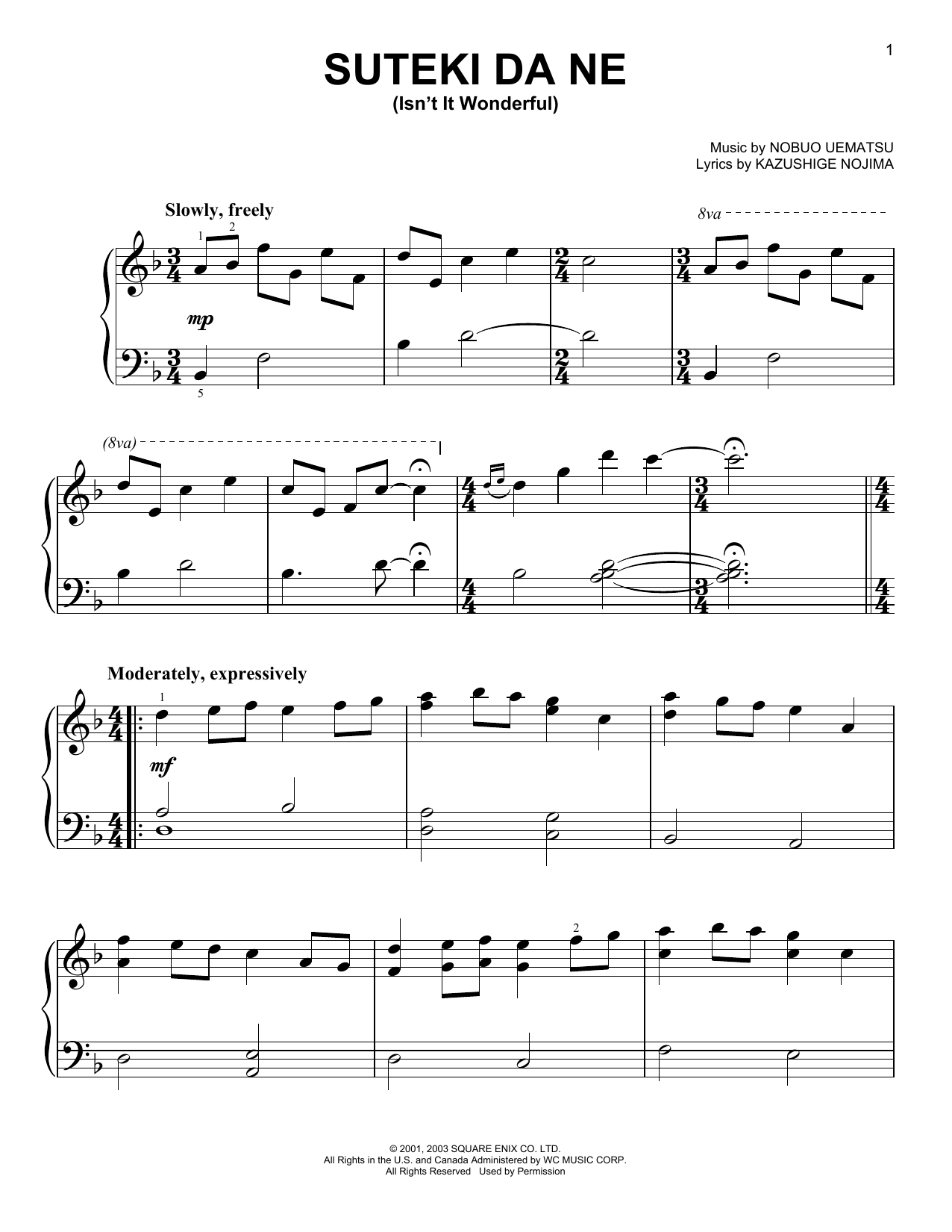 Download Nobuo Uematsu Suteki Da Ne (Isn't It Wonderful) (from Final Fantasy X) Sheet Music and learn how to play Easy Piano PDF digital score in minutes