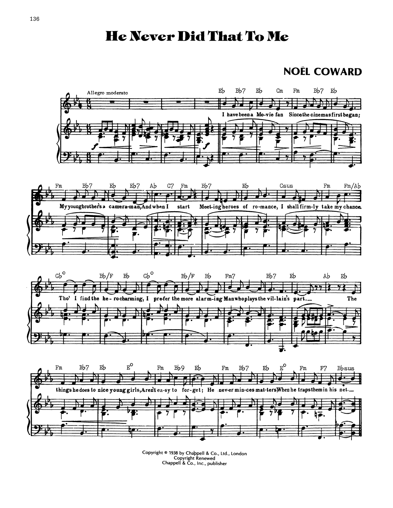 Download Noel Coward He Never Did That To Me Sheet Music and learn how to play Piano, Vocal & Guitar Chords (Right-Hand Melody) PDF digital score in minutes