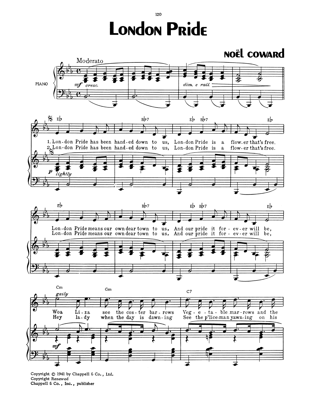 Download Noel Coward London Pride Sheet Music and learn how to play Piano, Vocal & Guitar Chords (Right-Hand Melody) PDF digital score in minutes