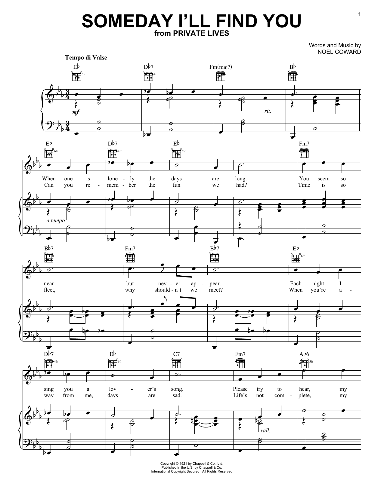 Download Noel Coward Someday I'll Find You Sheet Music and learn how to play Piano, Vocal & Guitar Chords (Right-Hand Melody) PDF digital score in minutes