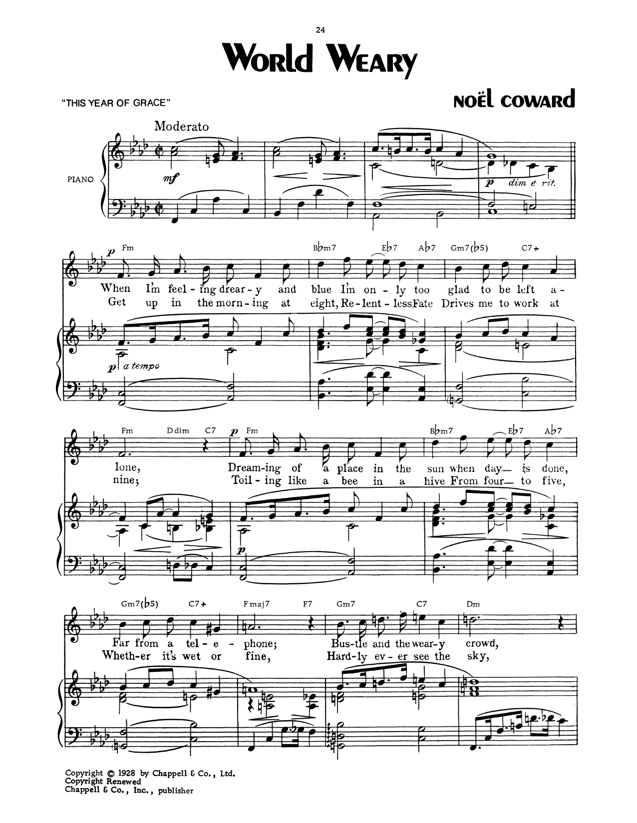 Download Noel Coward World Weary Sheet Music and learn how to play Piano, Vocal & Guitar Chords (Right-Hand Melody) PDF digital score in minutes