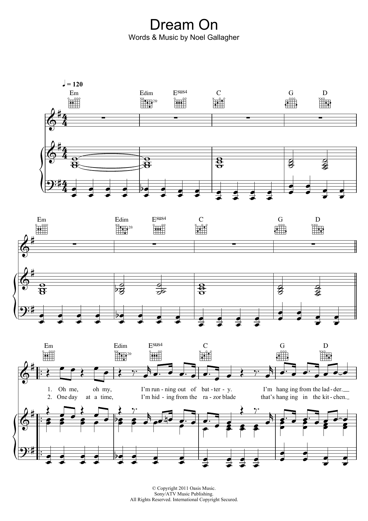 Download Noel Gallagher Dream On Sheet Music and learn how to play Piano, Vocal & Guitar (Right-Hand Melody) PDF digital score in minutes