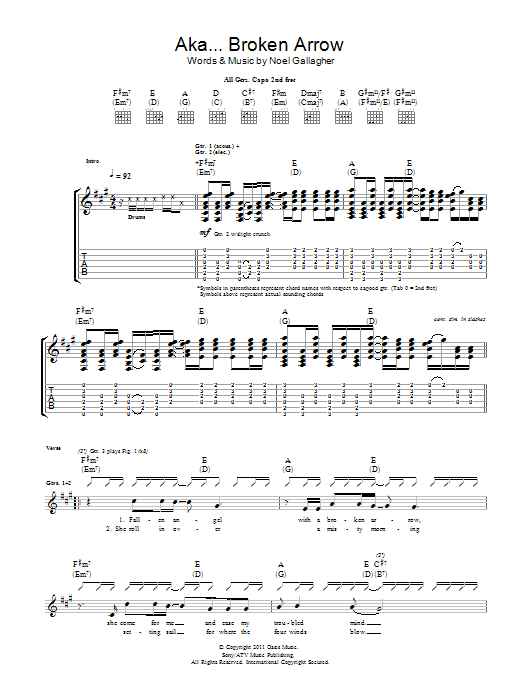 Download Noel Gallagher's High Flying Birds AKA... Broken Arrow Sheet Music and learn how to play Guitar Tab PDF digital score in minutes