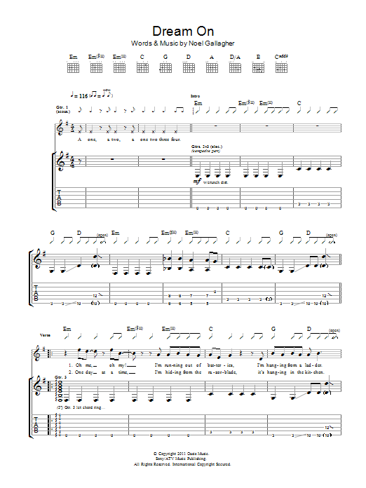 Download Noel Gallagher's High Flying Birds Dream On Sheet Music and learn how to play Guitar Tab PDF digital score in minutes
