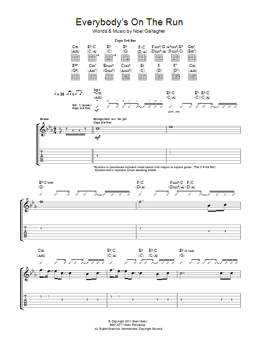 Download Noel Gallagher's High Flying Birds Everybody's On The Run Sheet Music and learn how to play Guitar Tab PDF digital score in minutes