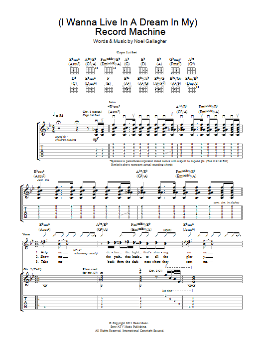 Download Noel Gallagher's High Flying Birds (I Wanna Live In A Dream In My) Record Machine Sheet Music and learn how to play Guitar Tab PDF digital score in minutes