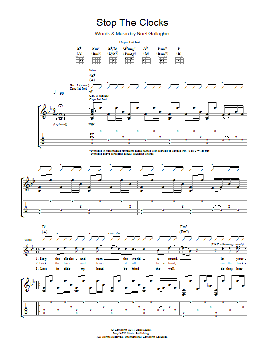 Download Noel Gallagher's High Flying Birds Stop The Clocks Sheet Music and learn how to play Guitar Tab PDF digital score in minutes