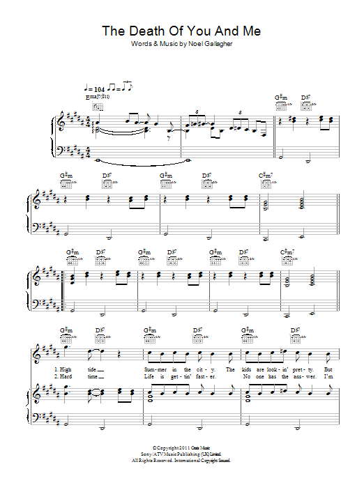 Download Noel Gallagher's High Flying Birds The Death Of You And Me Sheet Music and learn how to play Piano, Vocal & Guitar (Right-Hand Melody) PDF digital score in minutes