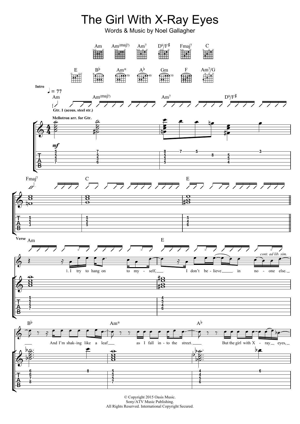 Download Noel Gallagher's High Flying Birds The Girl With X-Ray Eyes Sheet Music and learn how to play Guitar Tab PDF digital score in minutes