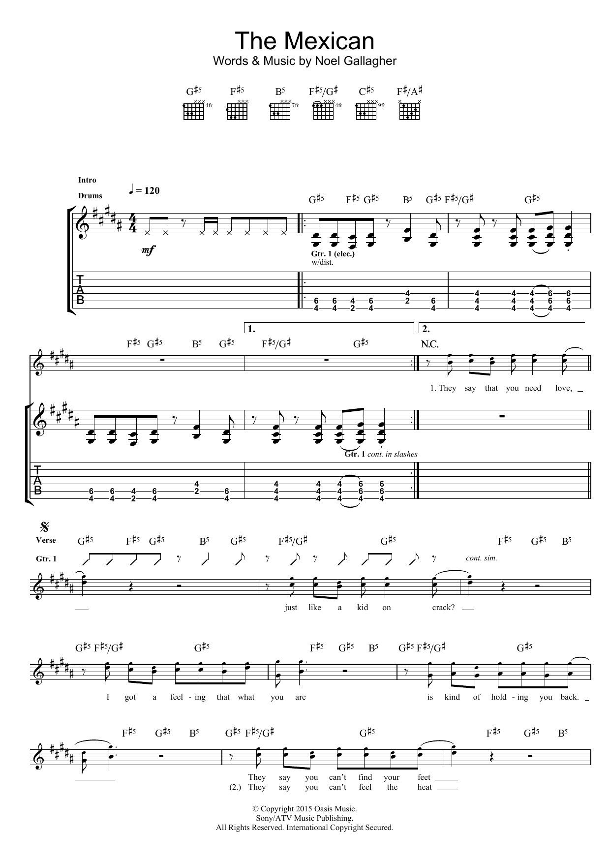 Download Noel Gallagher's High Flying Birds The Mexican Sheet Music and learn how to play Guitar Tab PDF digital score in minutes