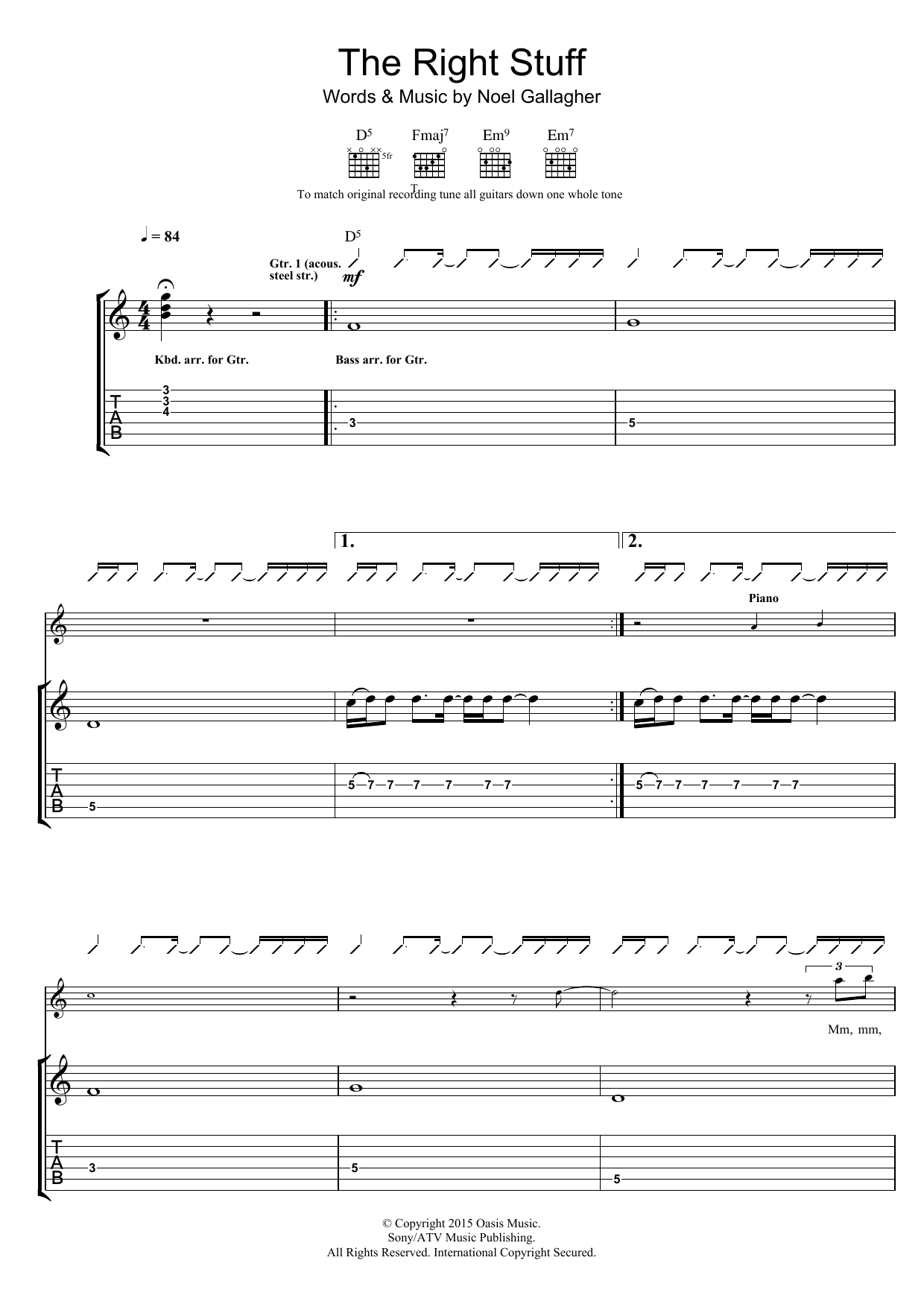 Download Noel Gallagher's High Flying Birds The Right Stuff Sheet Music and learn how to play Guitar Tab PDF digital score in minutes