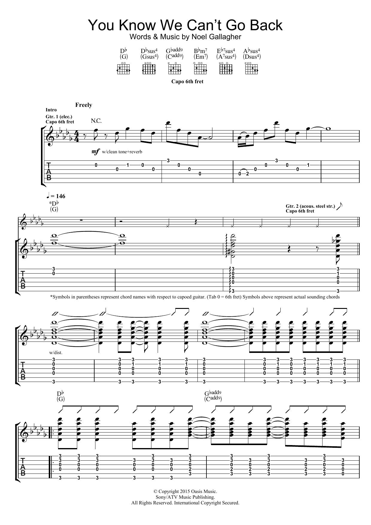 Download Noel Gallagher's High Flying Birds You Know We Can't Go Back Sheet Music and learn how to play Guitar Tab PDF digital score in minutes