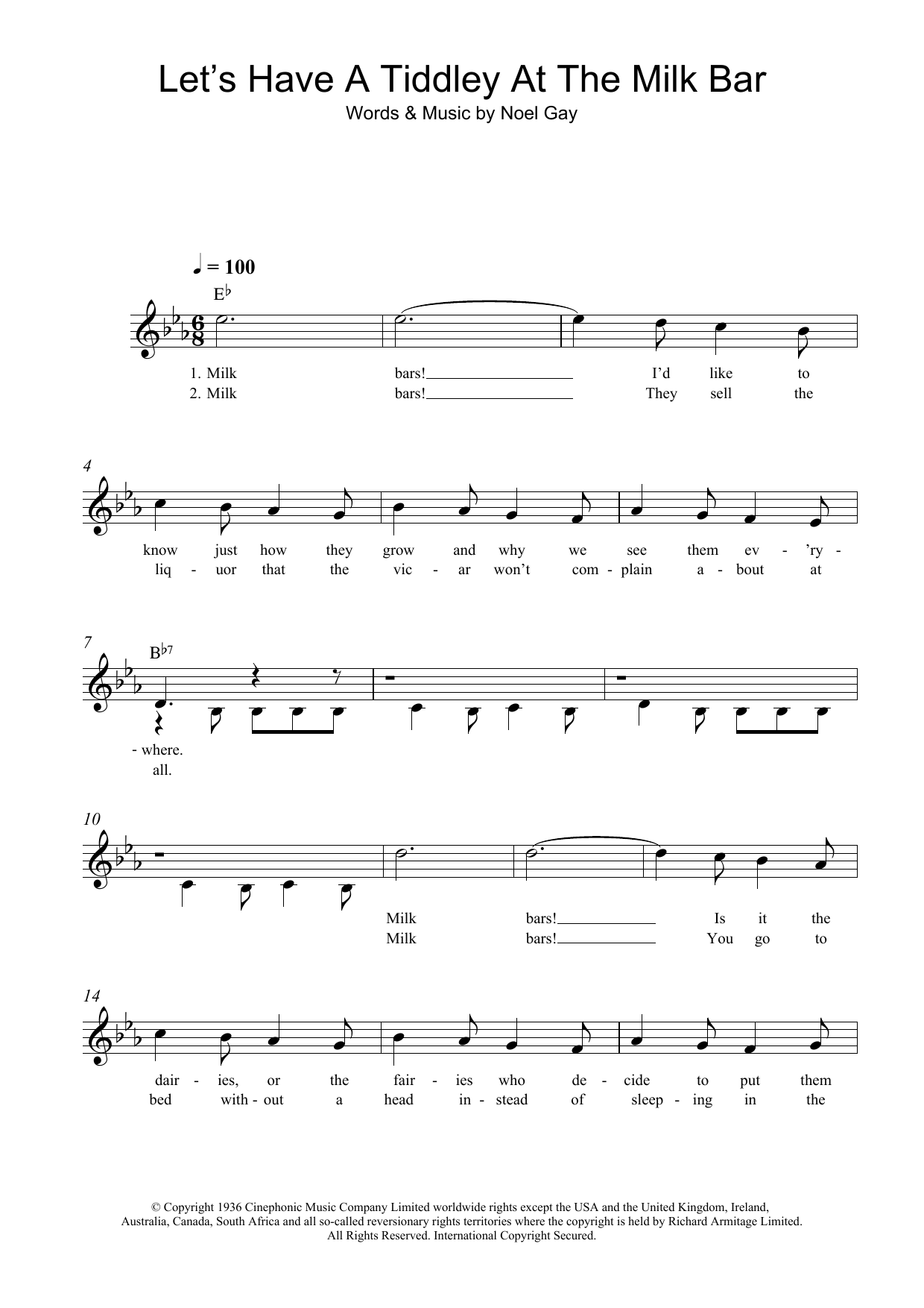 Download Noel Gay Let's Have A Tiddley At The Milk Bar Sheet Music and learn how to play Melody Line, Lyrics & Chords PDF digital score in minutes