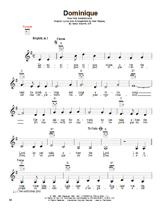 Download The Singing Nun Dominique Sheet Music and learn how to play Ukulele PDF digital score in minutes