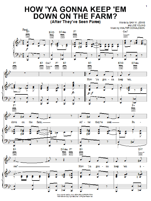 Download Nora Bayes How 'Ya Gonna Keep 'em Down On The Farm? (After They've Seen Paree) Sheet Music and learn how to play Piano, Vocal & Guitar (Right-Hand Melody) PDF digital score in minutes
