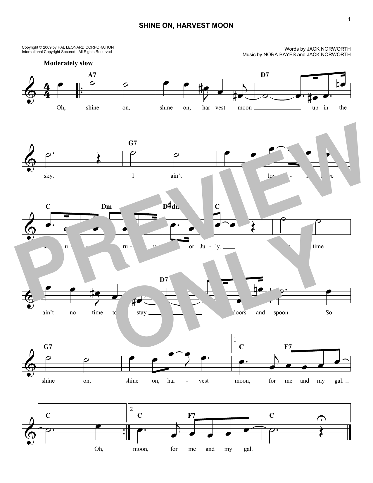 Download Nora Bayes Shine On Harvest Moon Sheet Music and learn how to play Piano, Vocal & Guitar (Right-Hand Melody) PDF digital score in minutes