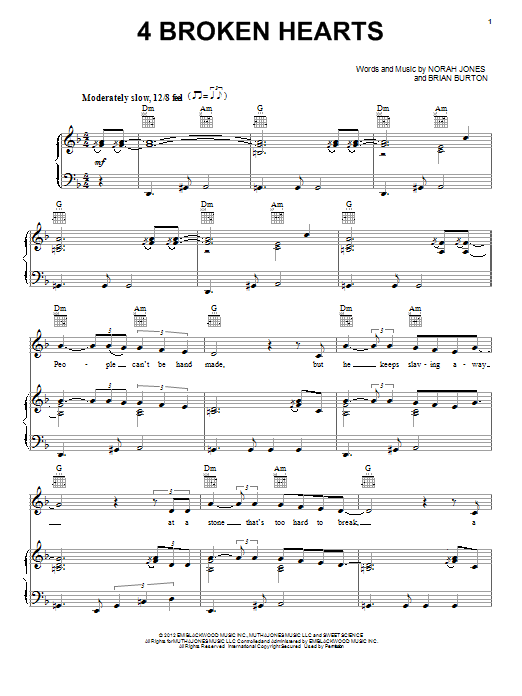 Download Norah Jones 4 Broken Hearts Sheet Music and learn how to play Piano, Vocal & Guitar (Right-Hand Melody) PDF digital score in minutes