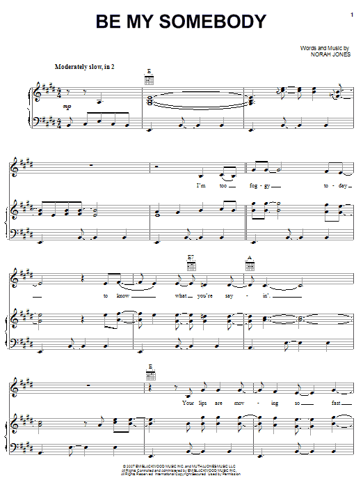 Download Norah Jones Be My Somebody Sheet Music and learn how to play Piano, Vocal & Guitar (Right-Hand Melody) PDF digital score in minutes