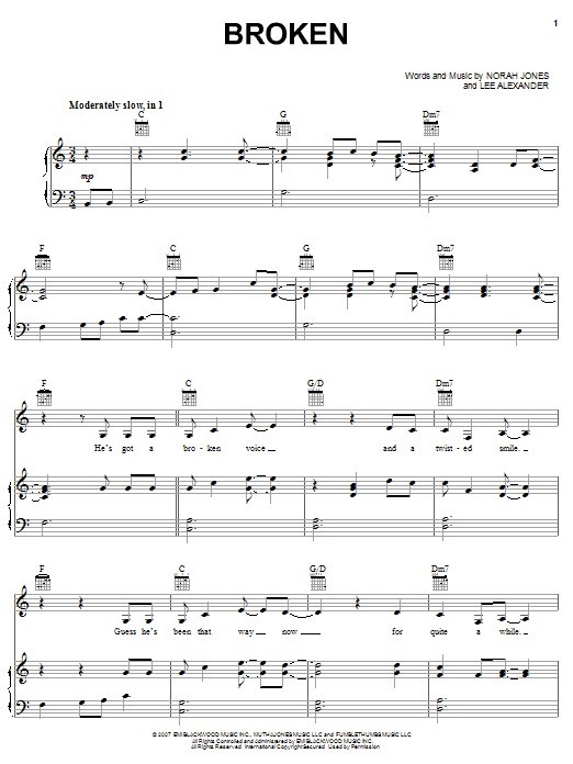 Download Norah Jones Broken Sheet Music and learn how to play Piano, Vocal & Guitar (Right-Hand Melody) PDF digital score in minutes