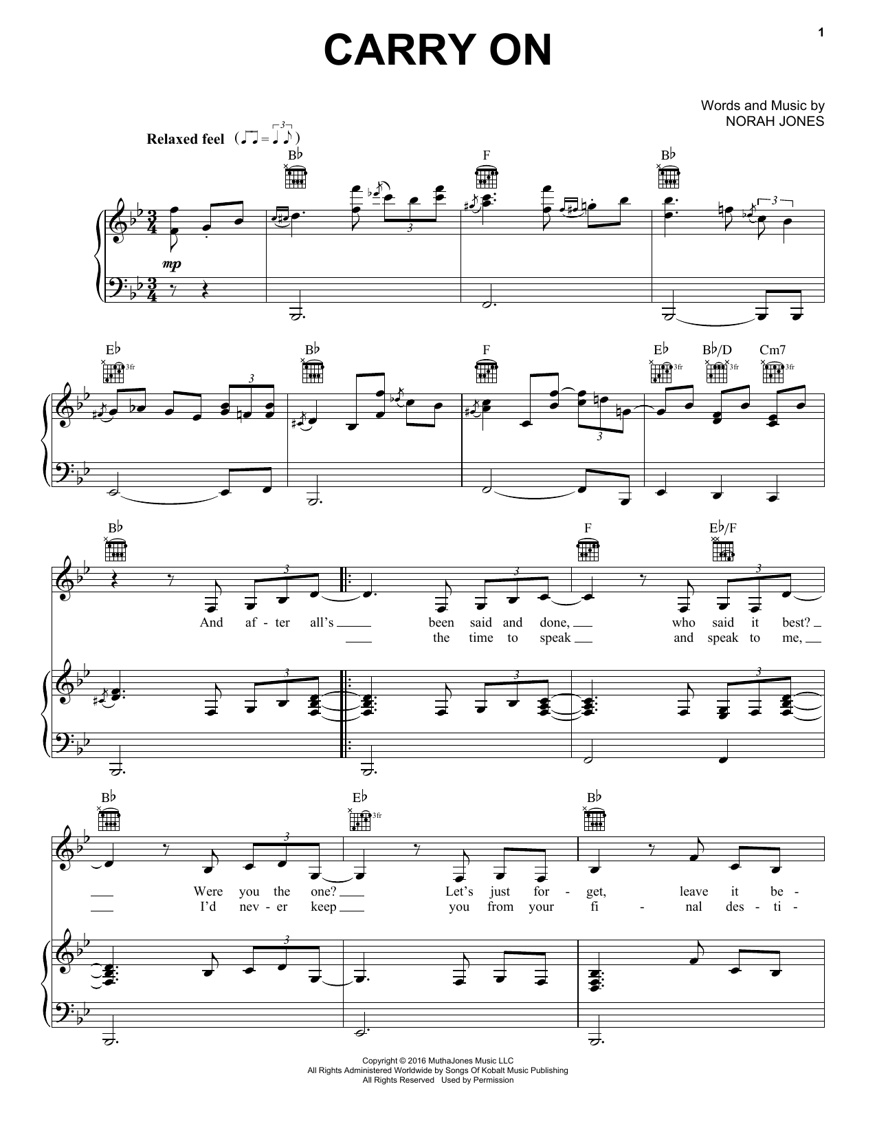 Download Norah Jones Carry On Sheet Music and learn how to play Easy Piano PDF digital score in minutes