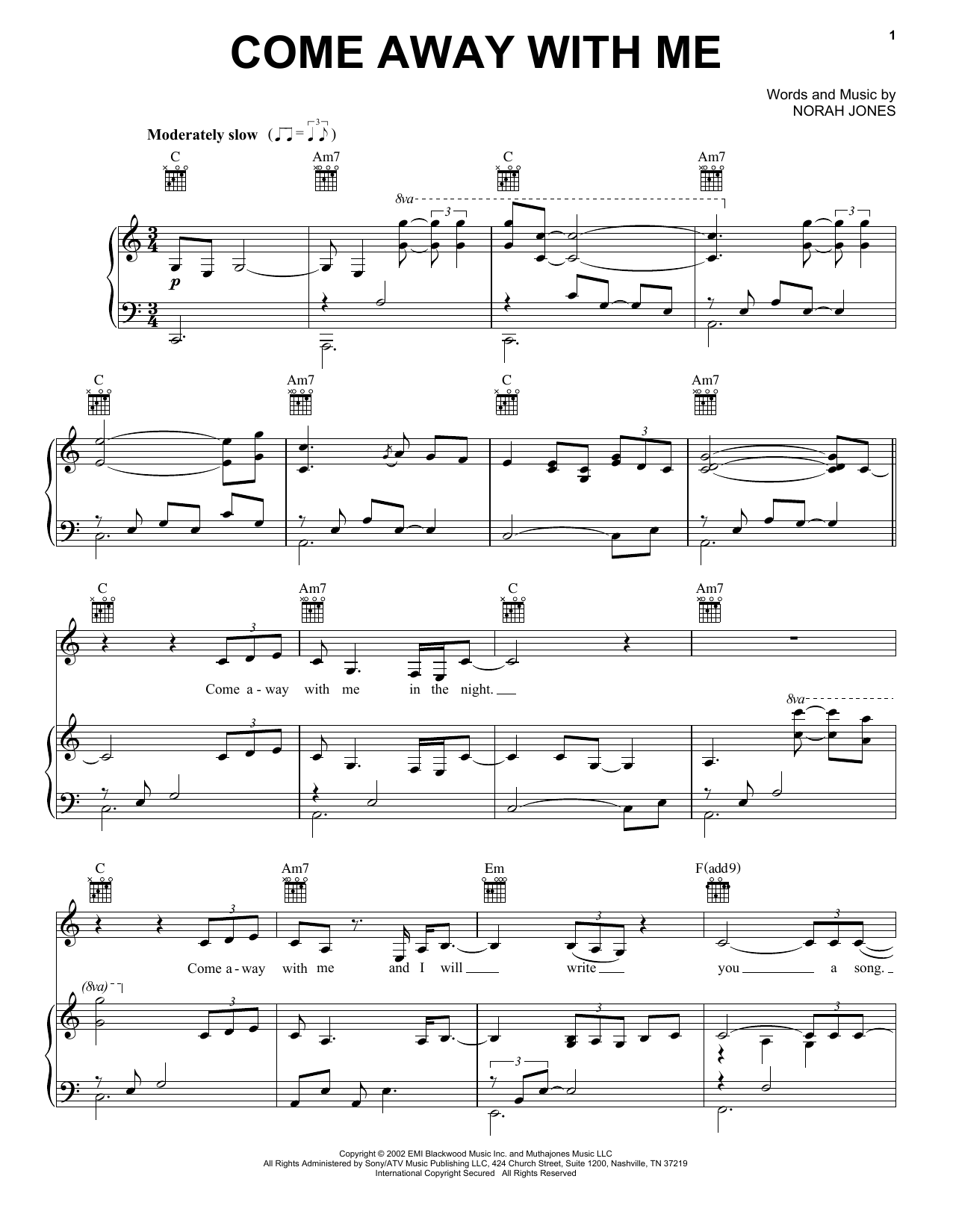 Download Norah Jones Come Away With Me Sheet Music and learn how to play Very Easy Piano PDF digital score in minutes
