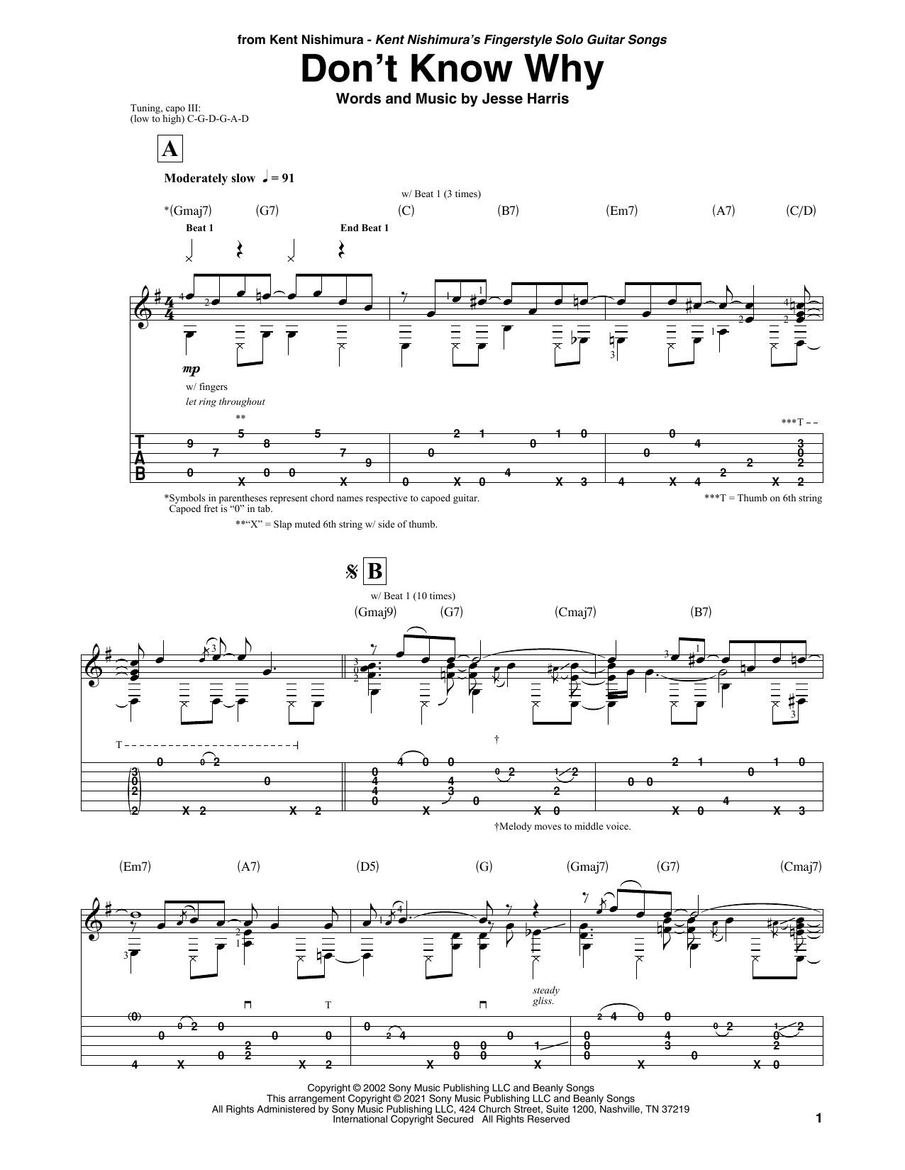 Download Norah Jones Don't Know Why (arr. Kent Nishimura) Sheet Music and learn how to play Solo Guitar PDF digital score in minutes