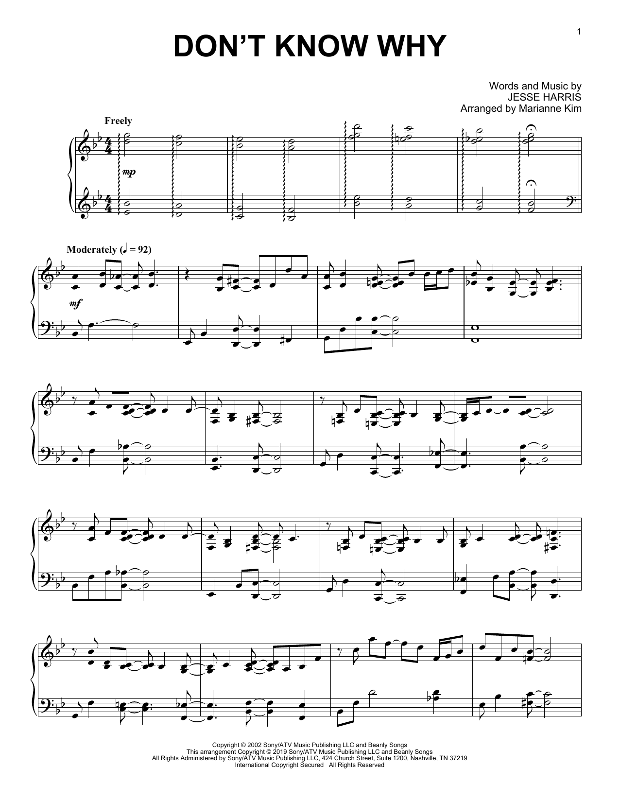 Download Norah Jones Don't Know Why (arr. Marianne Kim) Sheet Music and learn how to play Piano Solo PDF digital score in minutes