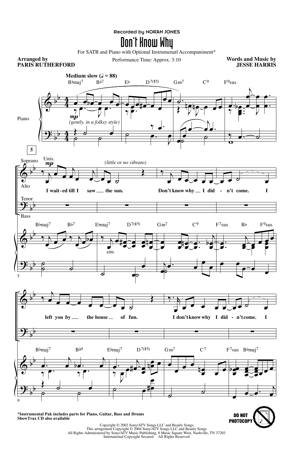 Download Norah Jones Don't Know Why (arr. Paris Rutherford) Sheet Music and learn how to play SATB Choir PDF digital score in minutes