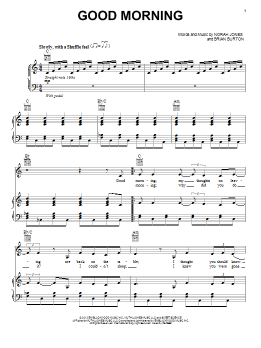 Download Norah Jones Good Morning Sheet Music and learn how to play Piano, Vocal & Guitar (Right-Hand Melody) PDF digital score in minutes