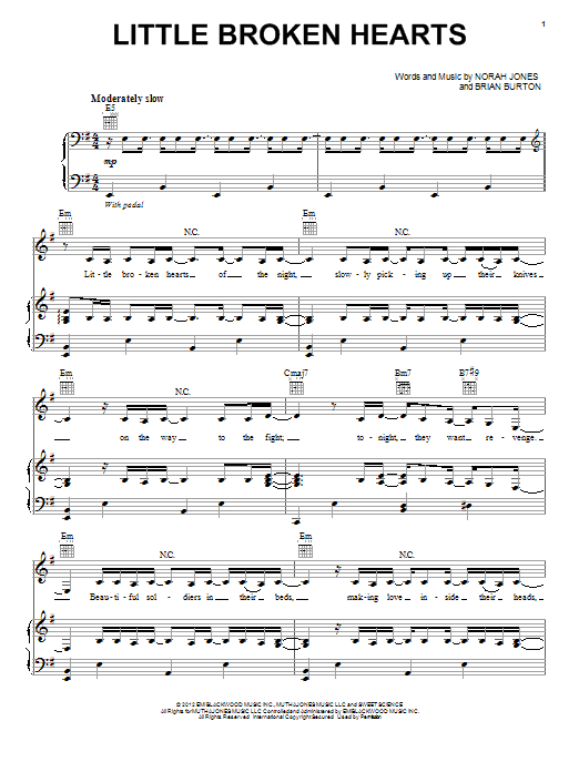 Download Norah Jones Little Broken Hearts Sheet Music and learn how to play Piano, Vocal & Guitar (Right-Hand Melody) PDF digital score in minutes
