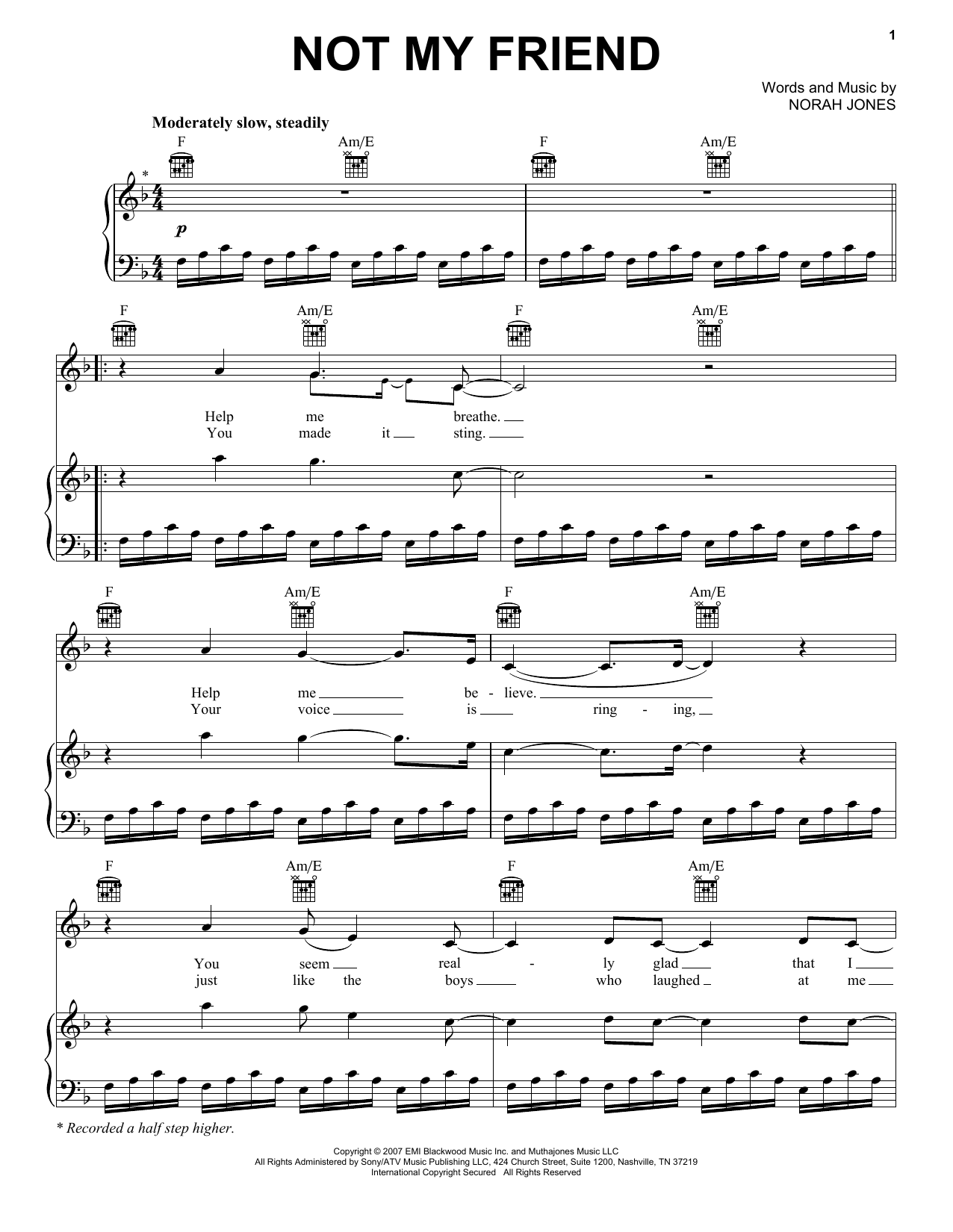 Download Norah Jones Not My Friend Sheet Music and learn how to play Piano, Vocal & Guitar (Right-Hand Melody) PDF digital score in minutes