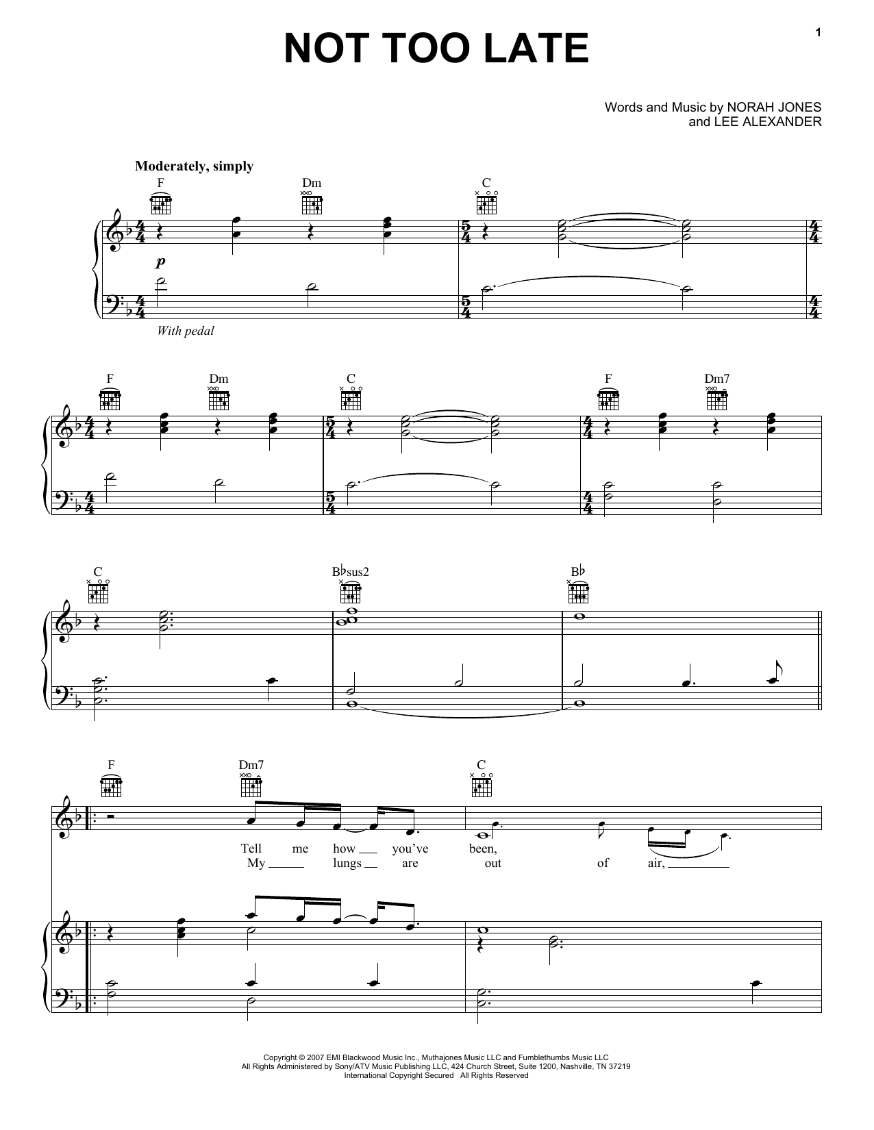 Download Norah Jones Not Too Late Sheet Music and learn how to play Easy Piano PDF digital score in minutes