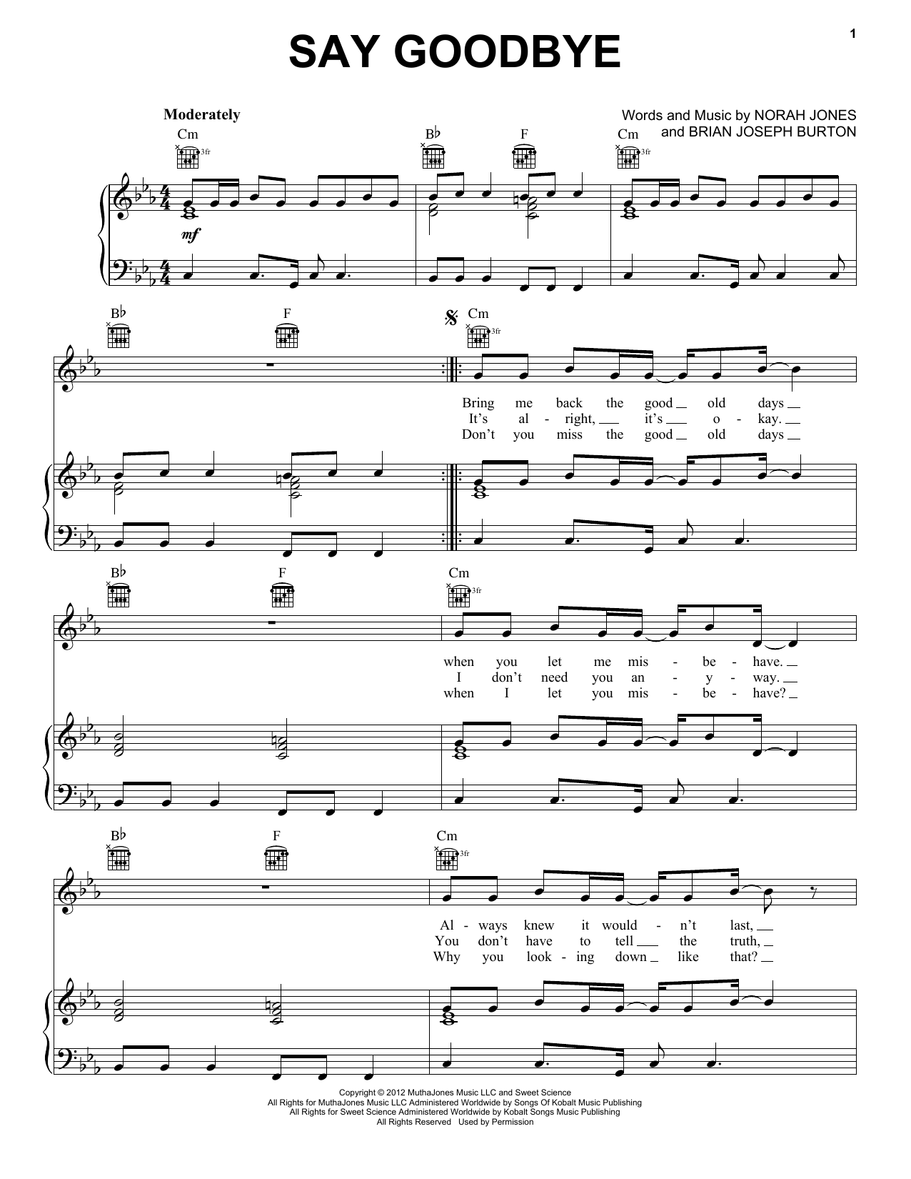 Download Norah Jones Say Goodbye Sheet Music and learn how to play Piano, Vocal & Guitar (Right-Hand Melody) PDF digital score in minutes