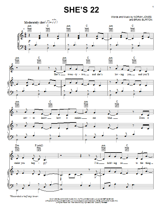 Download Norah Jones She's 22 Sheet Music and learn how to play Piano, Vocal & Guitar (Right-Hand Melody) PDF digital score in minutes