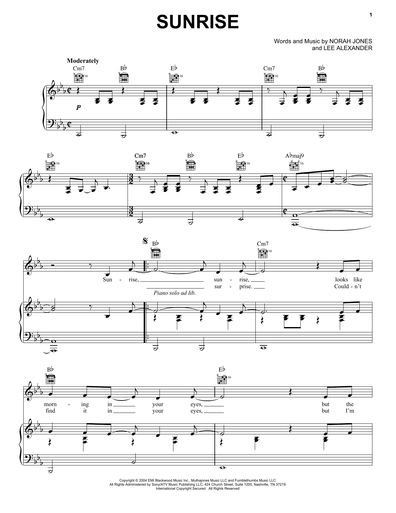Download Norah Jones Sunrise Sheet Music and learn how to play Lyrics & Chords PDF digital score in minutes