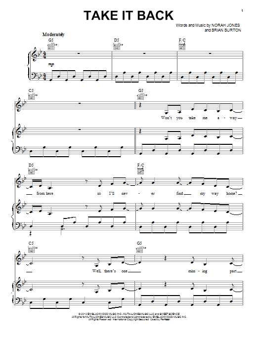 Download Norah Jones Take It Back Sheet Music and learn how to play Piano, Vocal & Guitar (Right-Hand Melody) PDF digital score in minutes