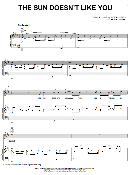Download Norah Jones The Sun Doesn't Like You Sheet Music and learn how to play Piano, Vocal & Guitar (Right-Hand Melody) PDF digital score in minutes
