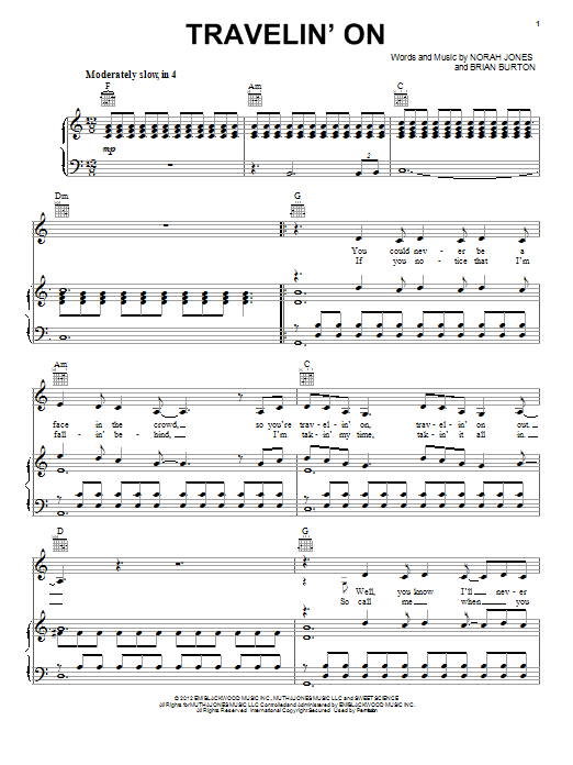 Download Norah Jones Travelin' On Sheet Music and learn how to play Piano, Vocal & Guitar (Right-Hand Melody) PDF digital score in minutes
