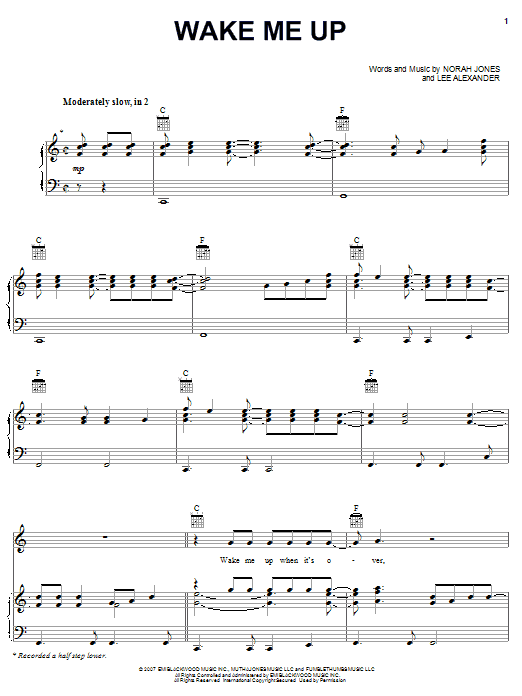 Download Norah Jones Wake Me Up Sheet Music and learn how to play Piano, Vocal & Guitar (Right-Hand Melody) PDF digital score in minutes