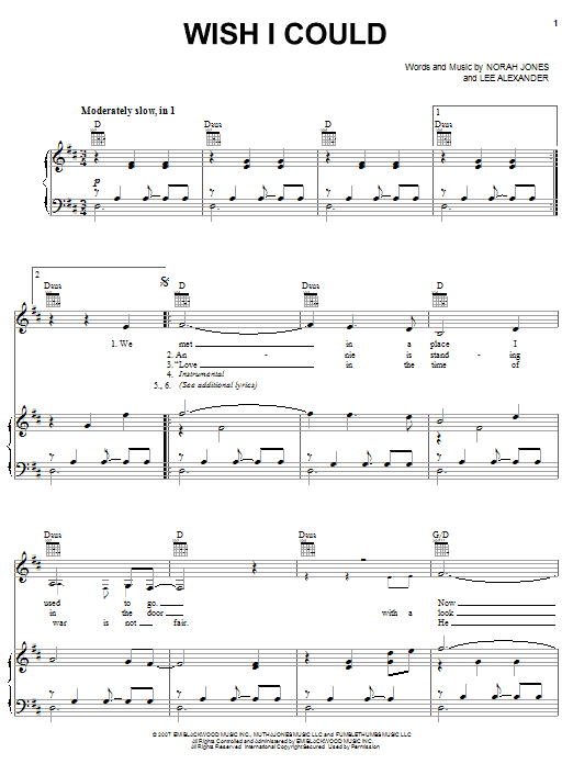 Download Norah Jones Wish I Could Sheet Music and learn how to play Piano, Vocal & Guitar (Right-Hand Melody) PDF digital score in minutes