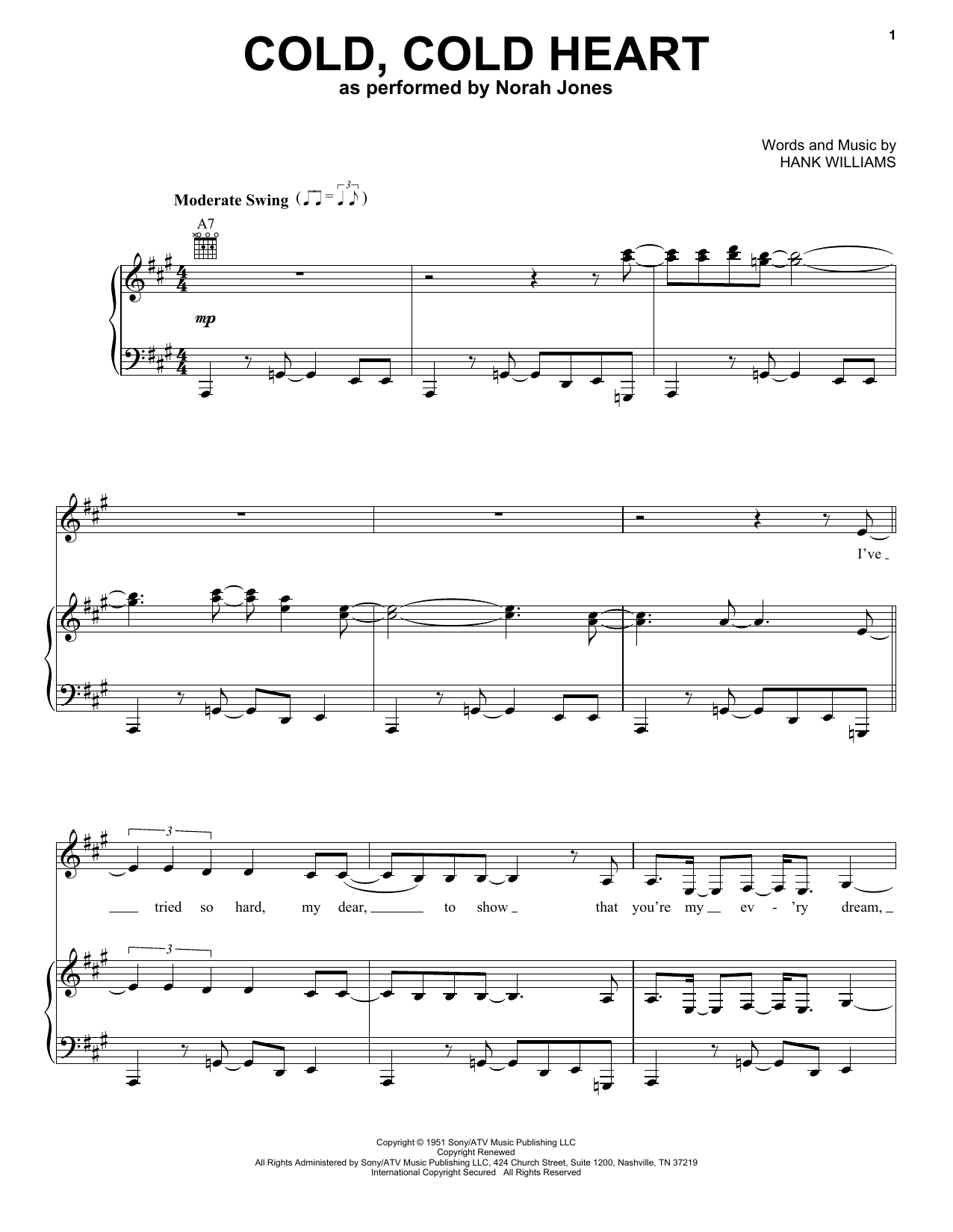 Norah Jones "Cold, Cold Heart" Sheet Music Notes Download Printable