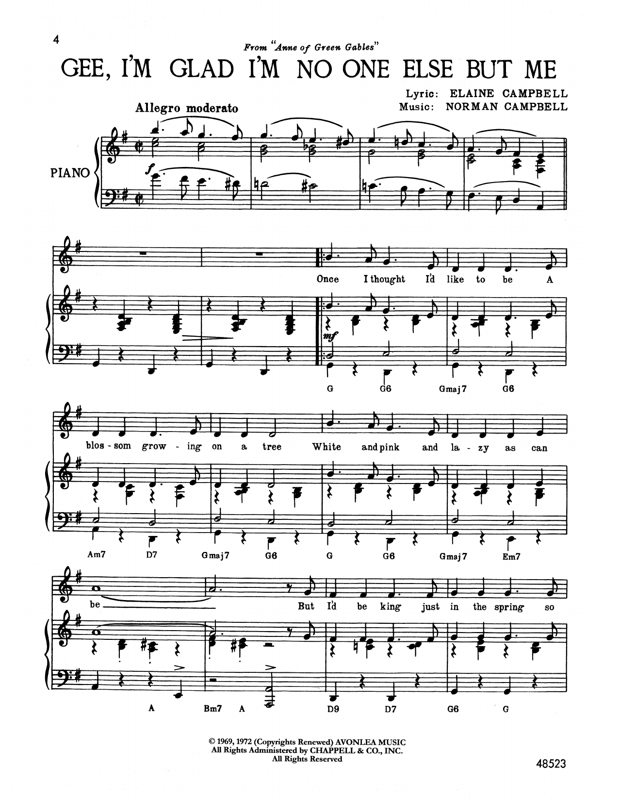 Download Norman Campbell Gee, I'm Glad I'm No One Else But Me (from Anne Of Green Gables) Sheet Music and learn how to play Piano & Vocal PDF digital score in minutes