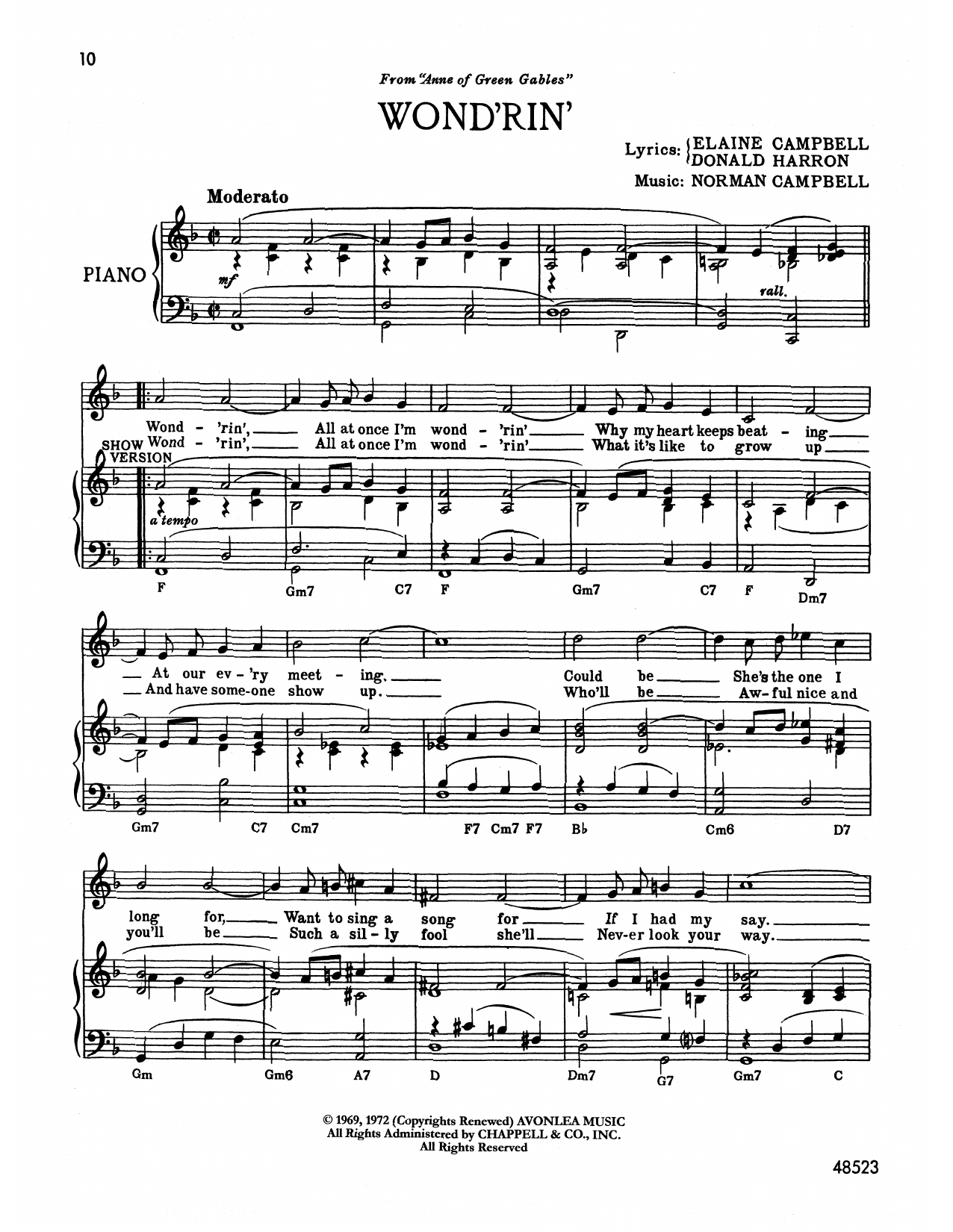 Download Norman Campbell Wond'rin' (from Anne Of Green Gables) Sheet Music and learn how to play Piano & Vocal PDF digital score in minutes