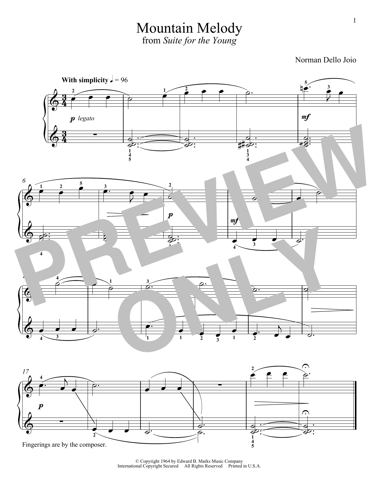 Download Norman Dello Joio Mountain Melody Sheet Music and learn how to play Piano PDF digital score in minutes