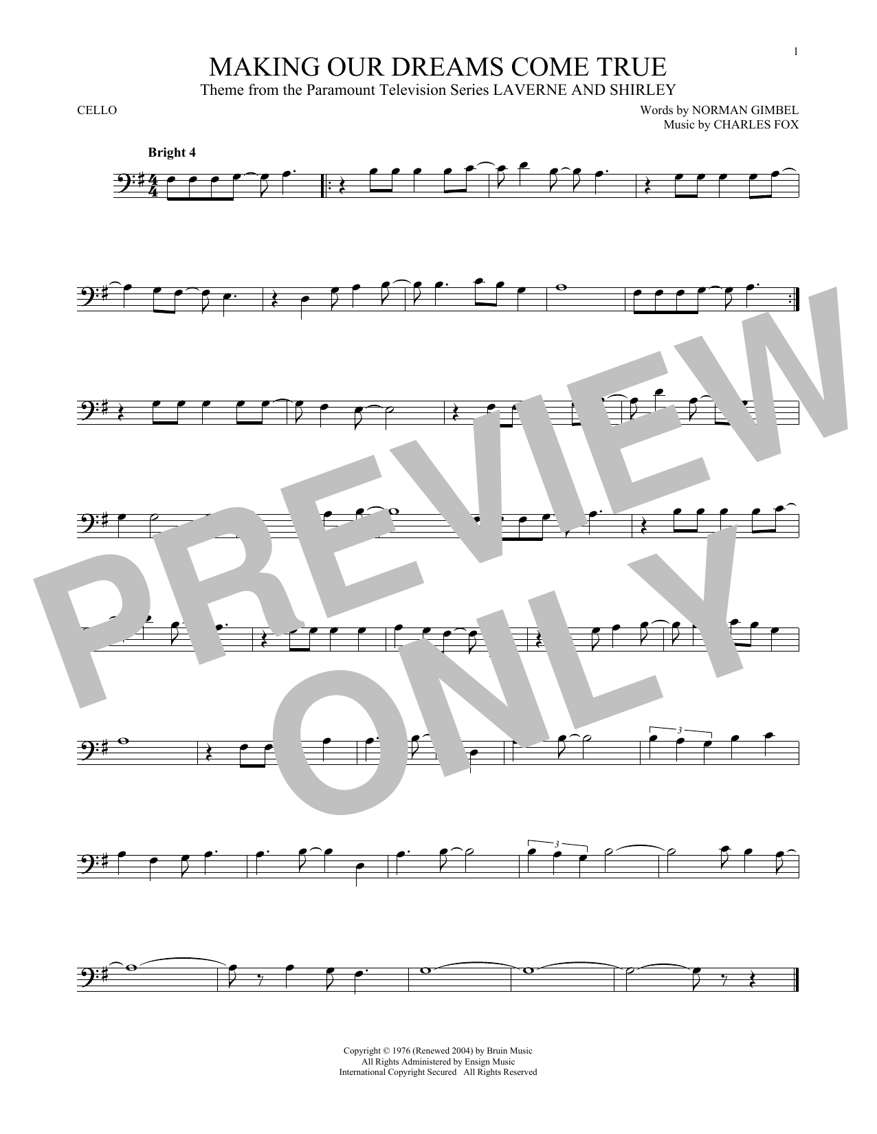 Download Norman Gimbel & Charles Fox Making Our Dreams Come True Sheet Music and learn how to play Cello PDF digital score in minutes