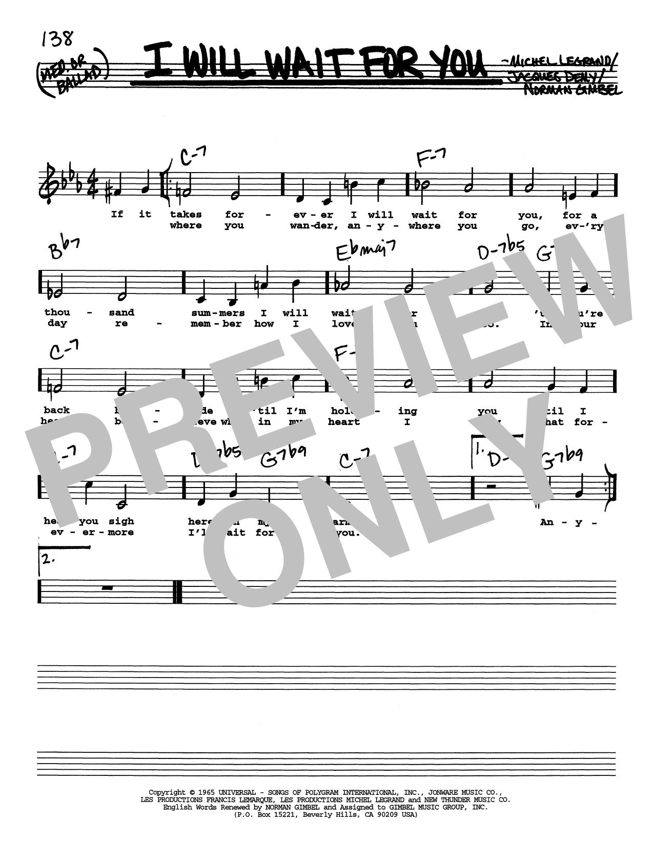 Download Norman Gimbel I Will Wait For You (Low Voice) Sheet Music and learn how to play Real Book – Melody, Lyrics & Chords PDF digital score in minutes